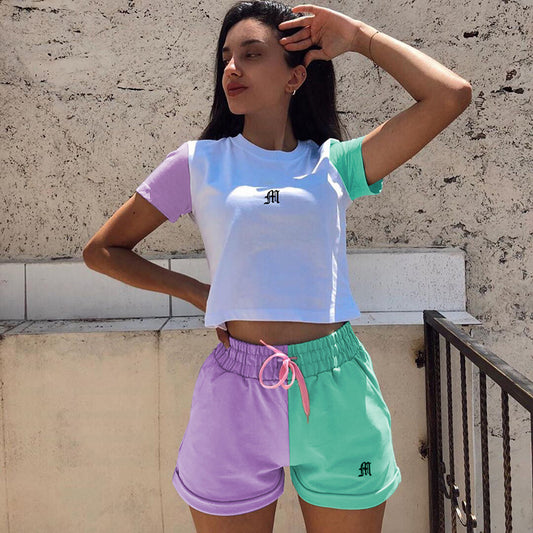 Color block high waist shorts top