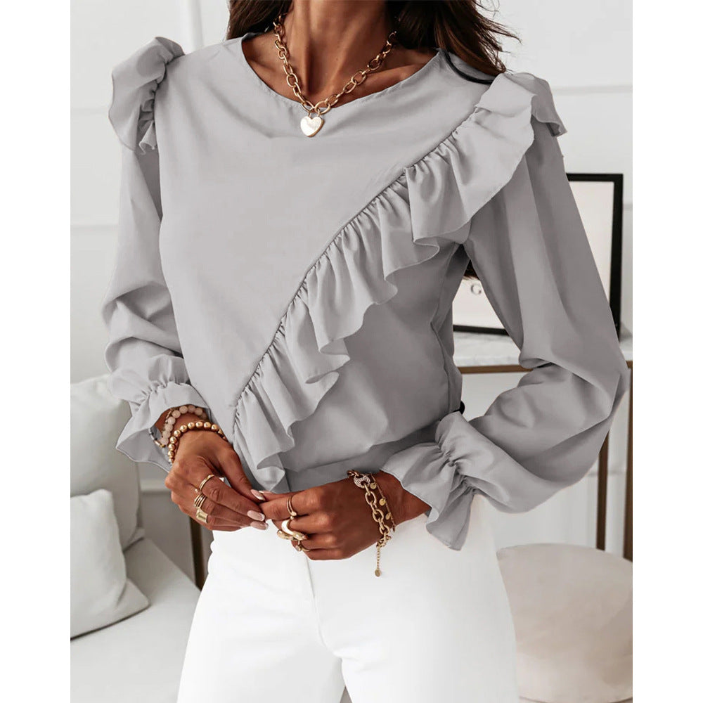 Patchwork Flared Sleeve Ruffle Long Sleeve Blouse Blouse