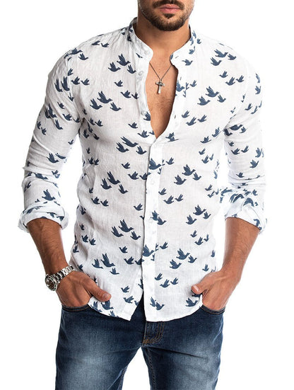 Men's slim bird print solid color crew neck shirt top