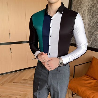 Striped Trendy, Handsome, Slim, Handsome, Color-blocking Striped Hairdresser Shirt