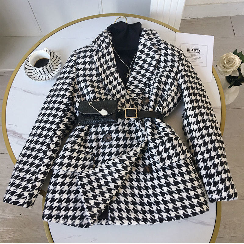 Fashion Small Suit with Waist Bag thousand bird plaid woolen coat thickened loose new autumn and winter coat