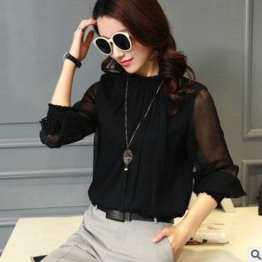 Chiffon shirt small stand collar sexy large size wild fashion mesh ruffled bottom shirt shirt