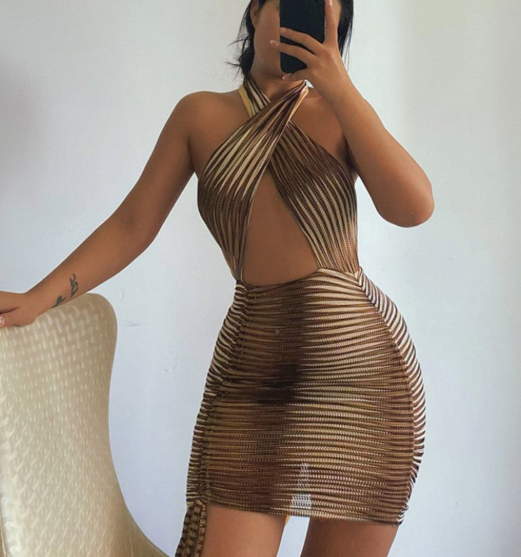 Round Neck Wheat Ear Net Sleeveless See-through Dress Refreshing Striped Skirt