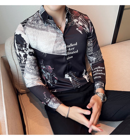 Men Floral Long Sleeve Lapel Collar Casual Printed Shirt