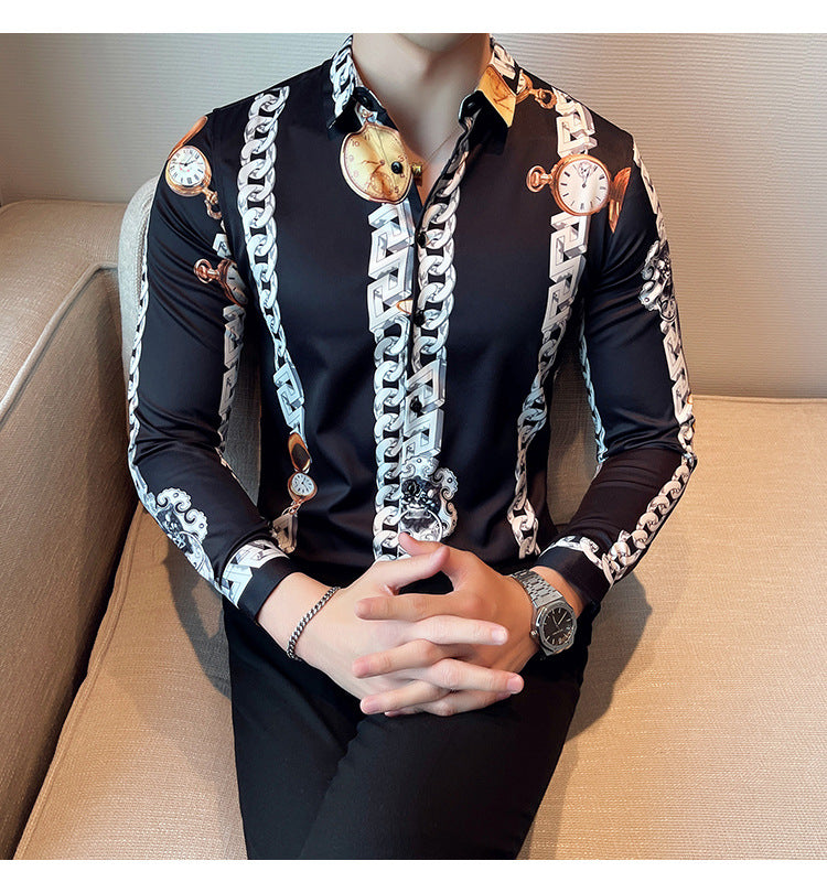 Men British Casual Printed Long Sleeve Lapel Top