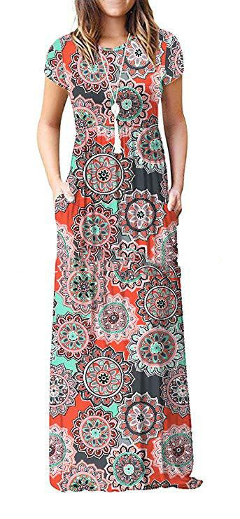 Summer Women's Round Neck Short-sleeved Loose Print Long Dress