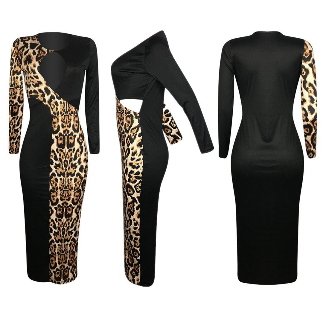 Leopard cutout color-block stitching dress