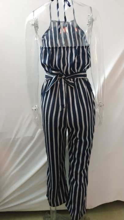 Halter halter sleeveless striped jumpsuit