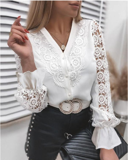 Fashion Lace Long Sleeve V Neck Button Shirt Women