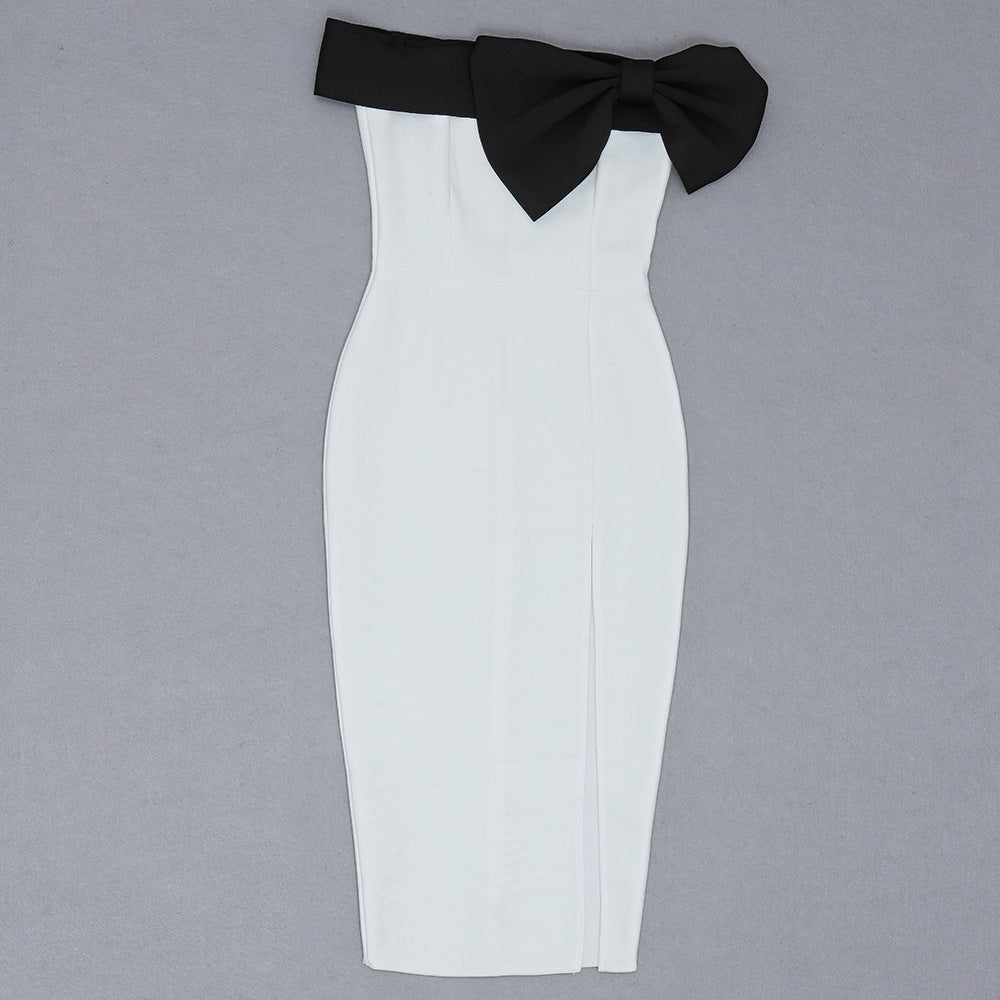 Black And White Slit Long Skirt Bow Party Dress