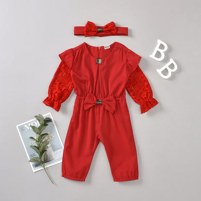 Round Neck Solid Color Zipper Girls Summer Long Sleeve Jumpsuit Headband Two Set