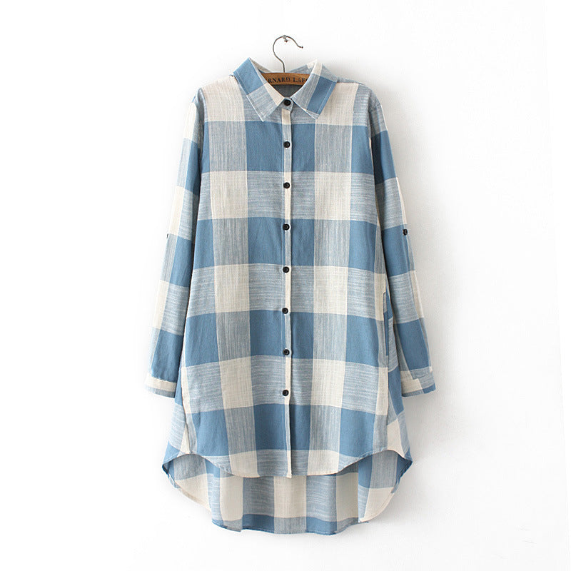 Fat Mm Loose Mid-length Cotton And Linen Large Blouse Long-sleeved Color Matching Shirt