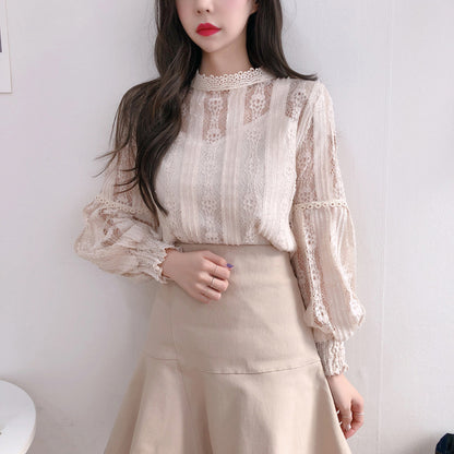 2021 spring new Korean women's pullover lace shirt lantern sleeves fake two-piece sweet lace shirt