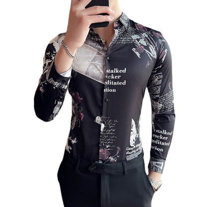 Men Floral Long Sleeve Lapel Collar Casual Printed Shirt