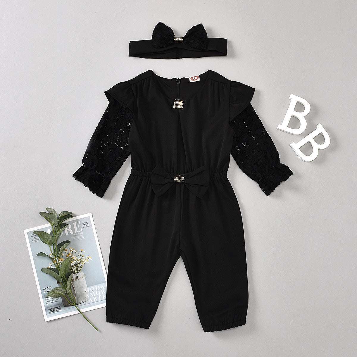 Round Neck Solid Color Zipper Girls Summer Long Sleeve Jumpsuit Headband Two Set