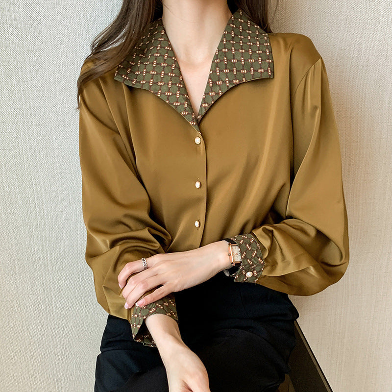 Satin Design Long-sleeved Temperament Draped Flower Shirt Top