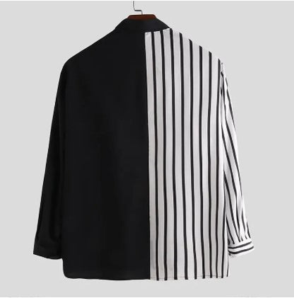 Men's stripe contrast patchwork casual Long Sleeve Shirt