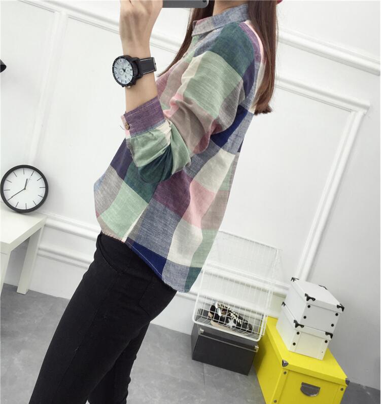 asual Plaid Women Blouses Kimono Vintage Linen Cotton Long Sleeve Blouse Female Shirts Tops