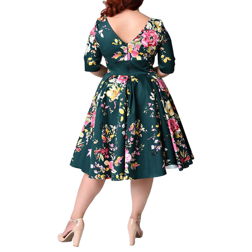 Women's Round Neck Sleeve Printed A-line Skirt Dress