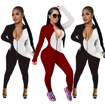 Sexy Casual Hit Color Zipper Long-sleeved Jumpsuit