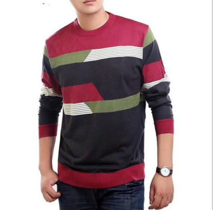 Thickened Warm Men's Long Sleeve T-shirt Stripe Knitted Round-collar Bottom Shirt