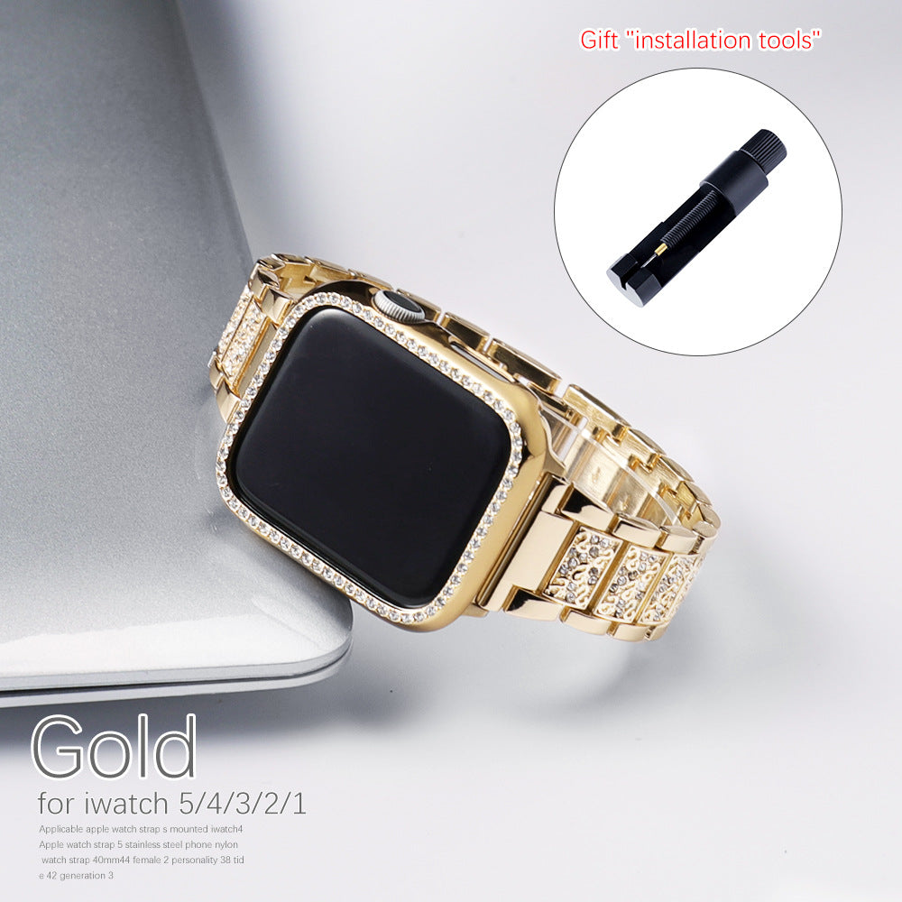 Compatible with Apple, Three Bead Diamond Bracelet Metal Full Diamond IWatch Stainless Steel