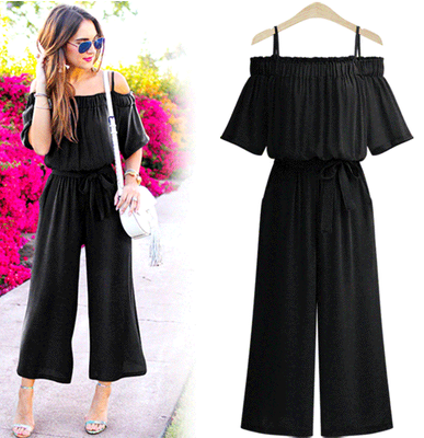 European station fat MM large size women's one shoulder strap jumpsuit Sling waist wide leg trousers