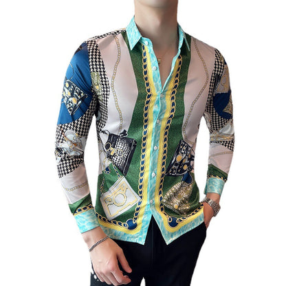 Men Retro Print Thin Long Sleeve Lapel Shirt