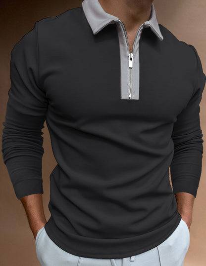 Men Zipper Stitching Lapel T Shirt Long Sleeves