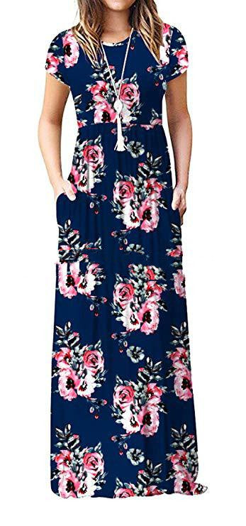 Summer Women's Round Neck Short-sleeved Loose Print Long Dress