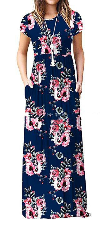 Summer Women's Round Neck Short-sleeved Loose Print Long Dress