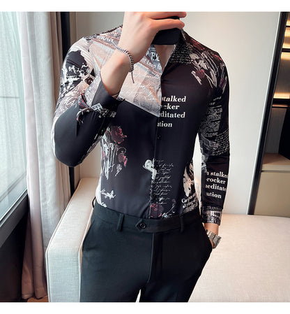 Men Floral Long Sleeve Lapel Collar Casual Printed Shirt