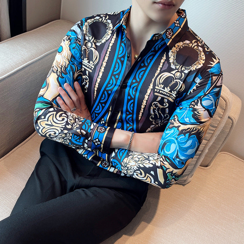 Men Digital Printed Blue Casual Long Sleeve Lapel Shirt