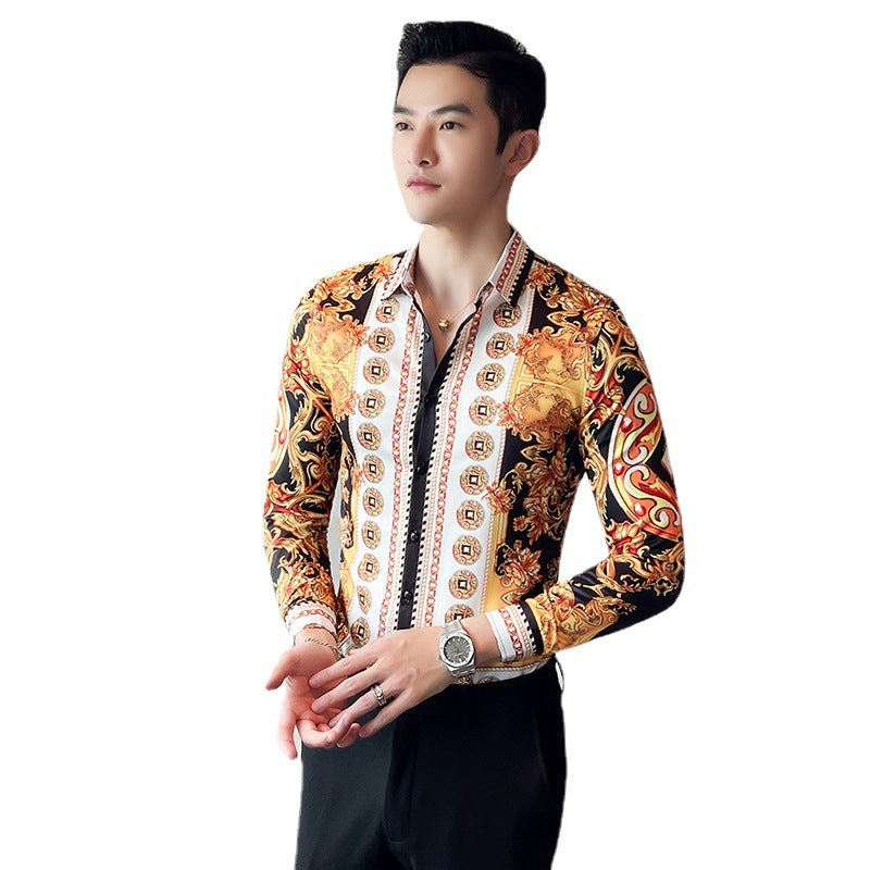 Men Gold Printed Long Sleeve Lapel Shirt