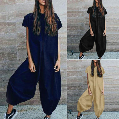 Solid color cotton and linen jumpsuit