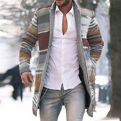 Men's Mid-length Printed Trench Long Sleeve Coat