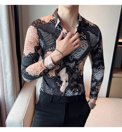 Men Casual Abstract Printed Long-Sleeved Lapel Black Shirt