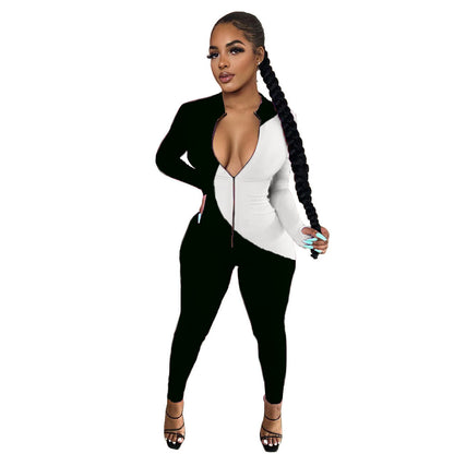 Sexy Casual Hit Color Zipper Long-sleeved Jumpsuit