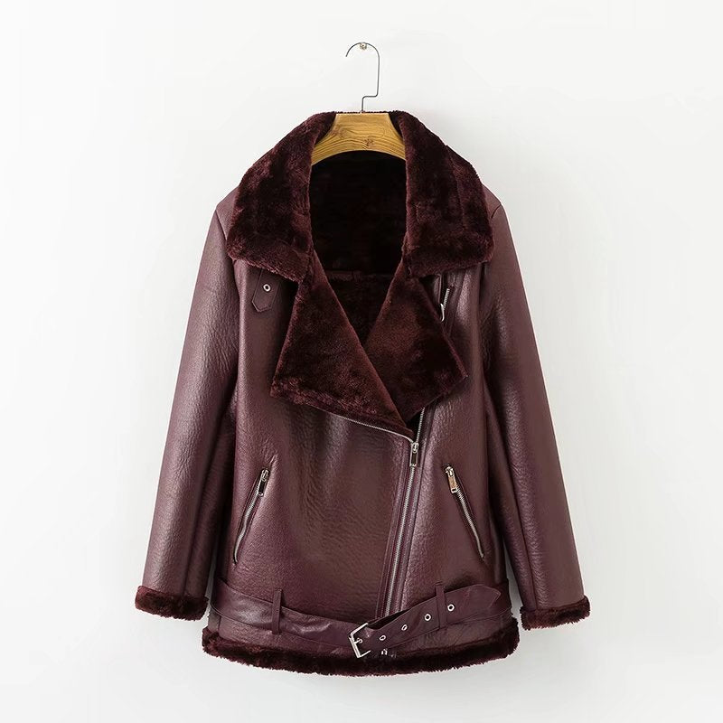 Solid Color Thick Warm Large Lapel Leather Jacket