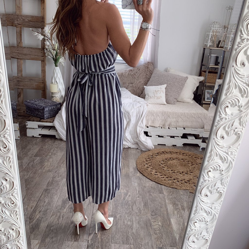 Halter halter sleeveless striped jumpsuit