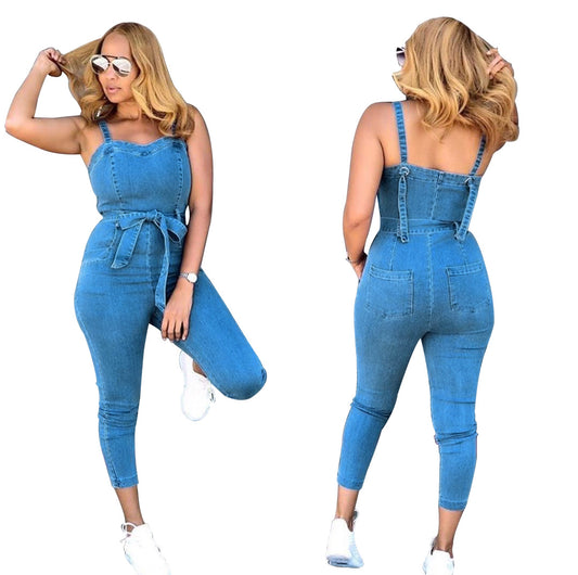 Sexy hollow solid color suspender denim jumpsuit