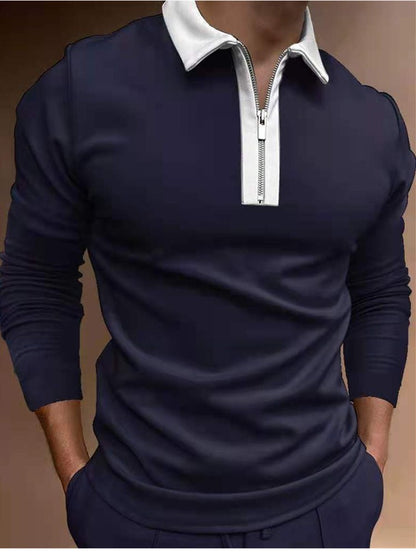 Men Zipper Stitching Lapel T Shirt Long Sleeves