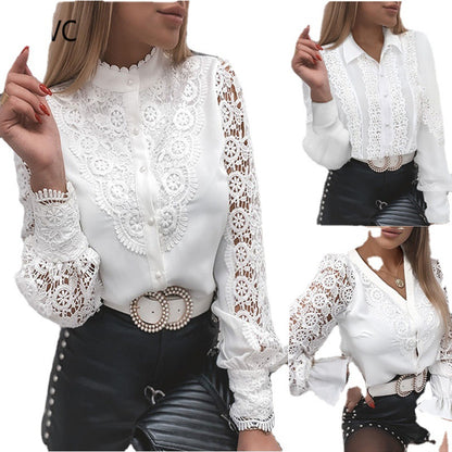 Fashion Lace Long Sleeve V Neck Button Shirt Women