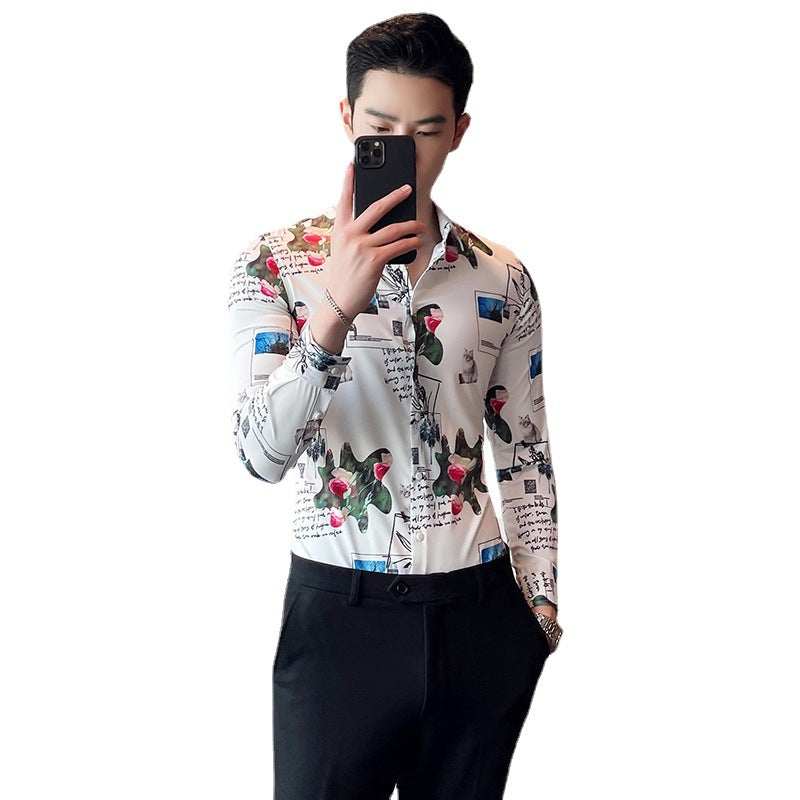 Men Digital Printed Blue Casual Long Sleeve Lapel Shirt