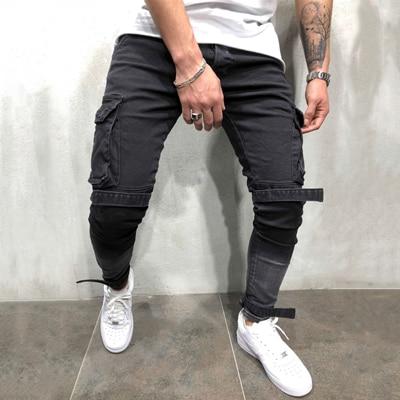 New men's slim denim big pocket men's feet pants