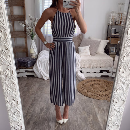 Halter halter sleeveless striped jumpsuit