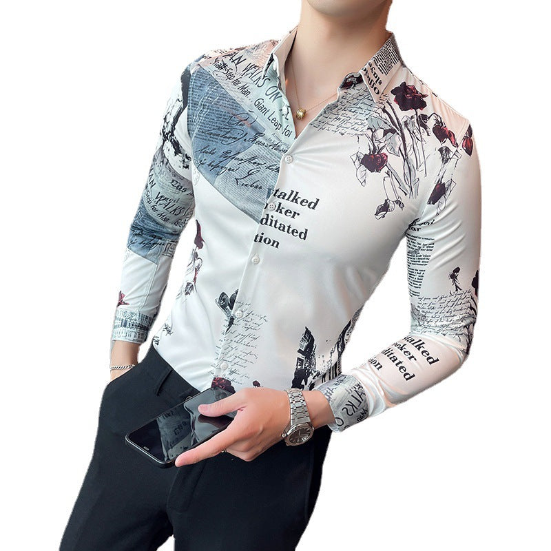 Men Floral Long Sleeve Lapel Collar Casual Printed Shirt