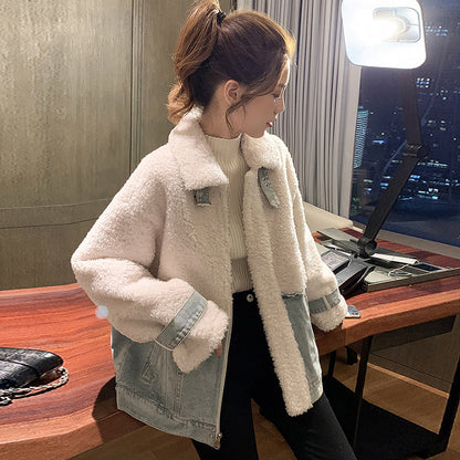 Denim Lapel Lamb Wool Splicing Coat For Women