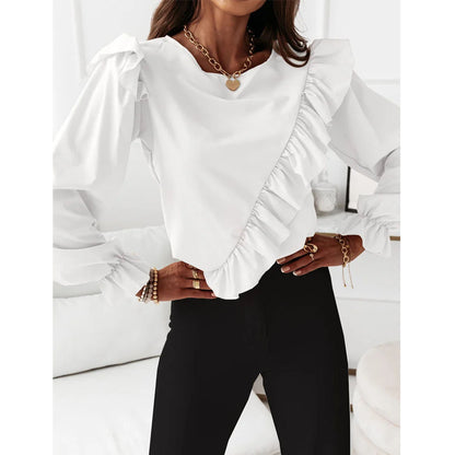 Patchwork Flared Sleeve Ruffle Long Sleeve Blouse Blouse