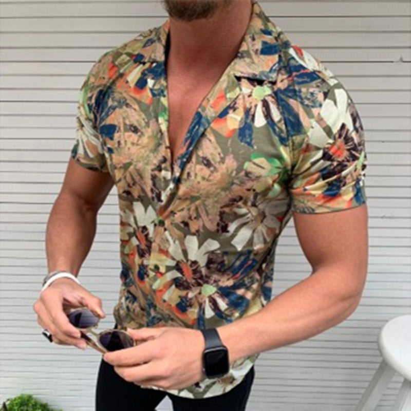 Printed beach style suit neck with short sleeves